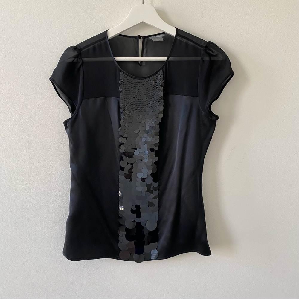 Ann Taylor Women’s 100% Silk Sheer Sleeve & Neckline Sequin Black Top NWOT